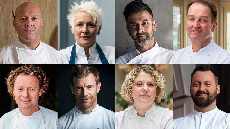 From top left to bottom right: Sat Bains, Lisa Goodwin-Allen, Aktar Islam, Galton Blackiston, Tom Kitchin, Tom Aikens, Sally Abe and Tom Shepherd