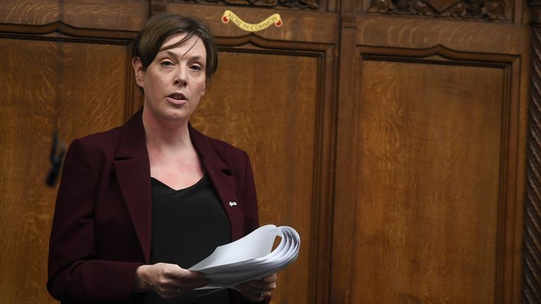 Jess Phillips speaks during the International Women's Day Debate at the House of Commons in London, Britain, March 10, 2022. UK Parliament/Jessica Taylor/Handout via Reuters