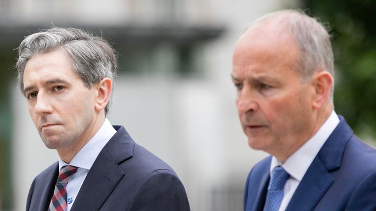 (left-right) Minister for Finance Michael McGrath, Taoiseach Simon Harris and Tanaiste Micheal Martin during the announcement at Government Buildings, Dublin, that Mr McGrath is to be nominated as Ireland's next European Commissioner. Picture date: Tuesday June 25, 2024.