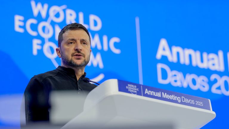 Ukrainian President Volodymyr Zelenskyy speaks at the Annual Meeting of World Economic Forum in Davos, Switzerland, Tuesday, Jan. 21, 2025. (AP Photo/Markus Schreiber)